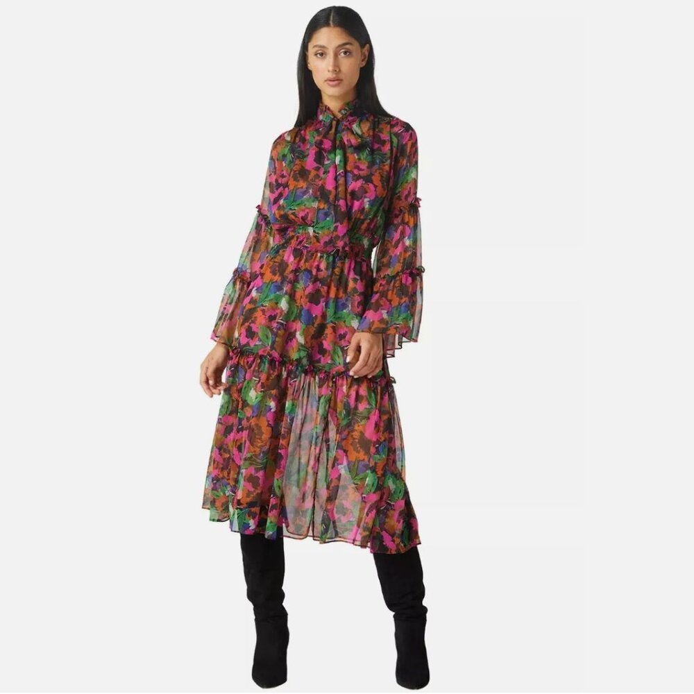 MISA Los Angeles Womens Merce Ruffle Neck Tie Midi Dress Pink Floral - Sz M